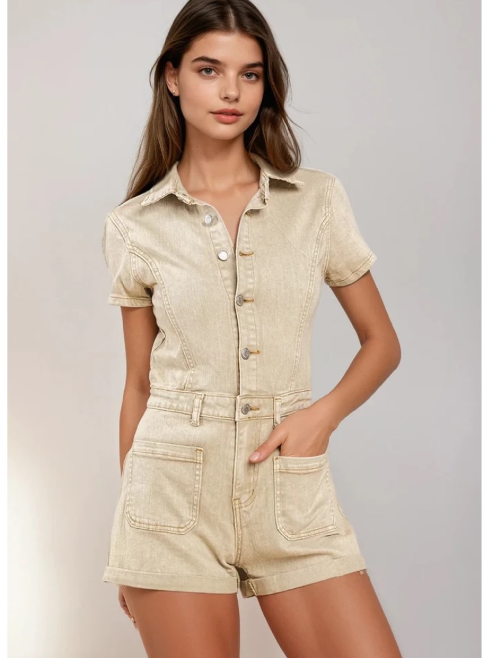 Wisteria Lane Neutral Denim Short Sleeve Romper L